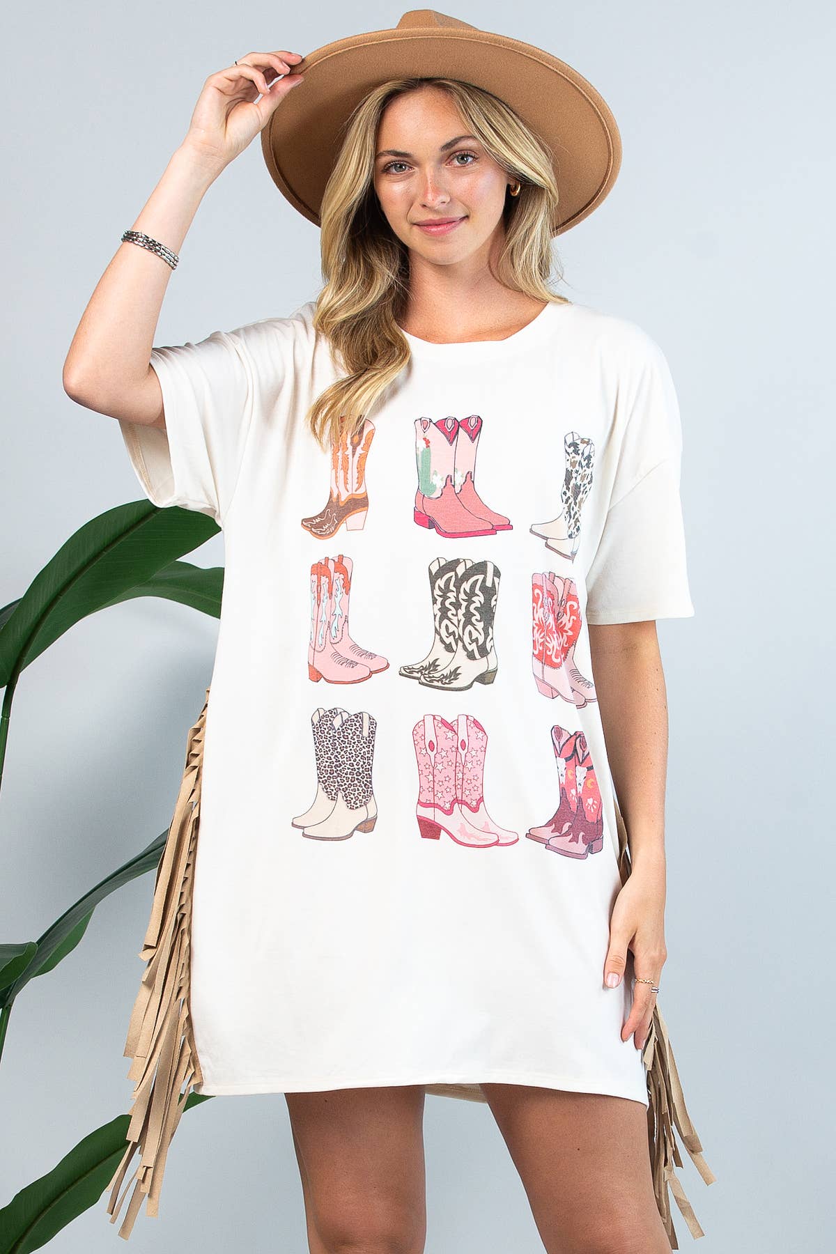D1593-Western Boots Print Fringed Loose T Shirt Dress