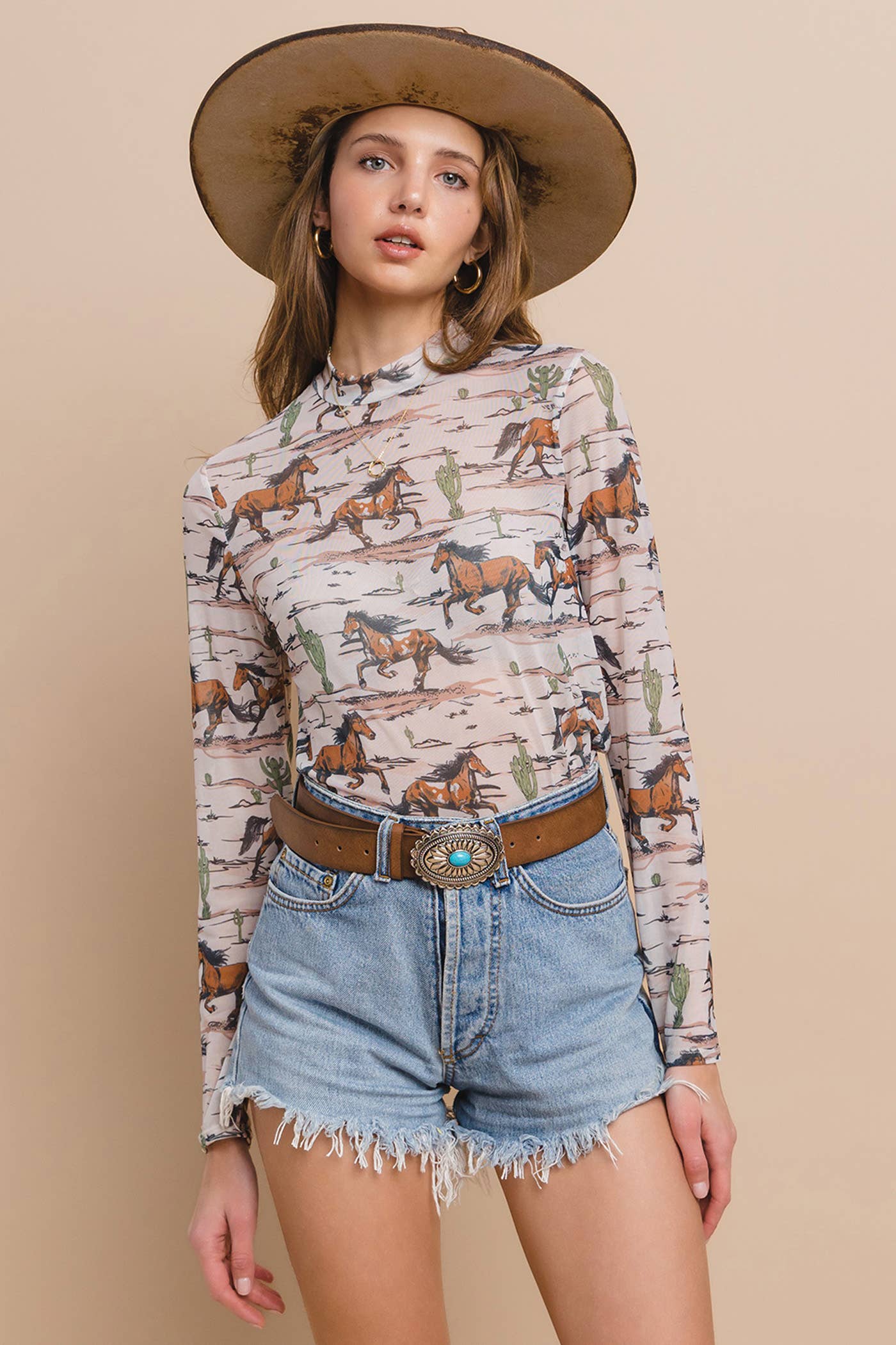 T1502-5223-Western Horse Stables Print Mesh Top