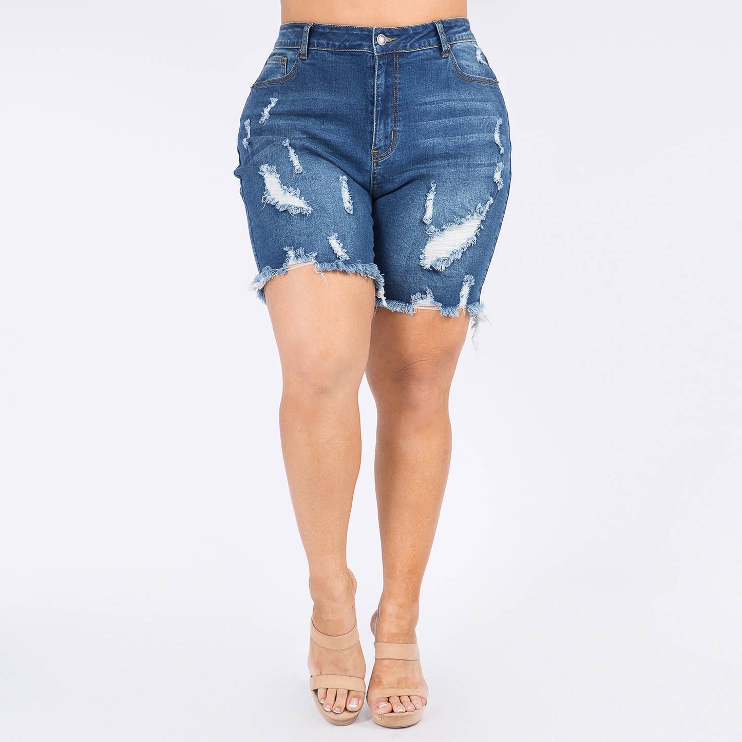 PLUS SIZE DISTRESSED DENIM SKINNY SHORTS-RSS20095P