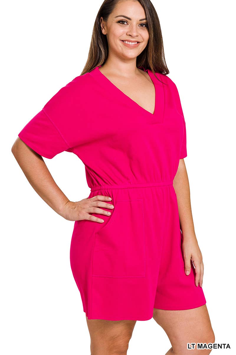 ..._ SI-22085 Plus Drop Shoulder V Neck Romper With Pockets