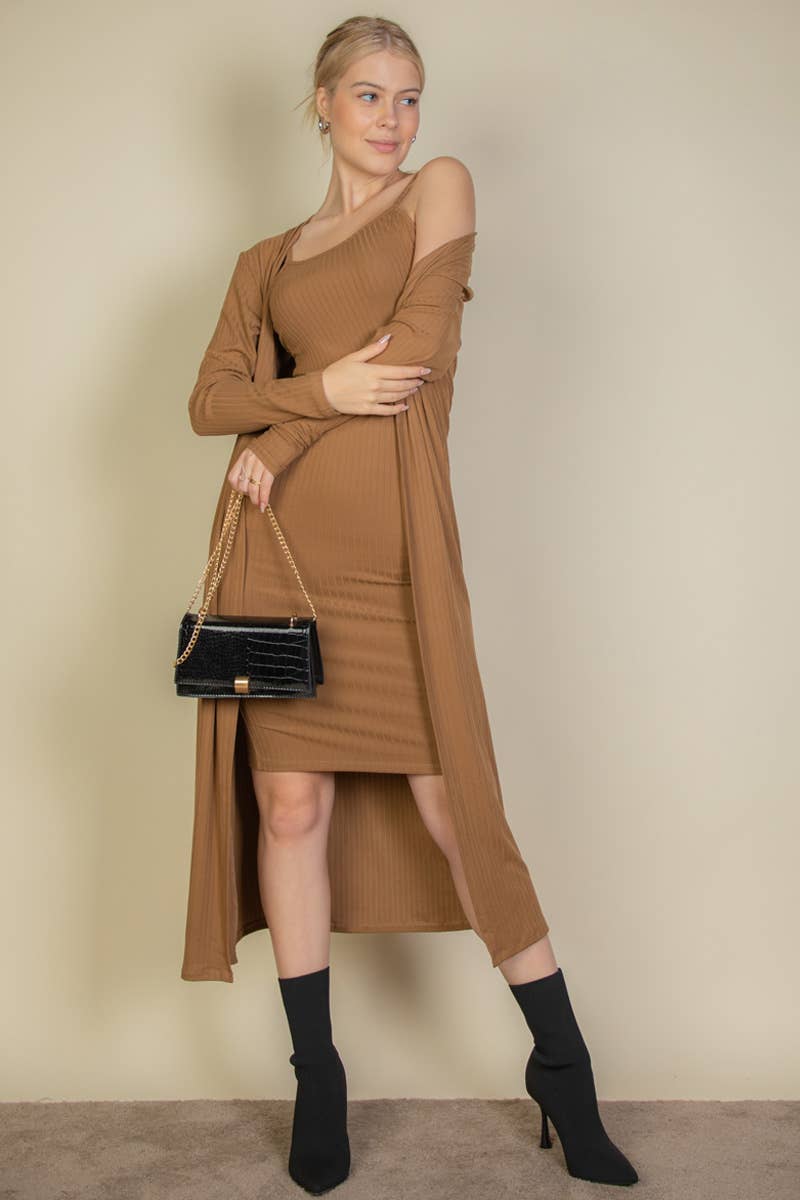 Ribbed Cardigan & Cami Midi Bodycon Dress