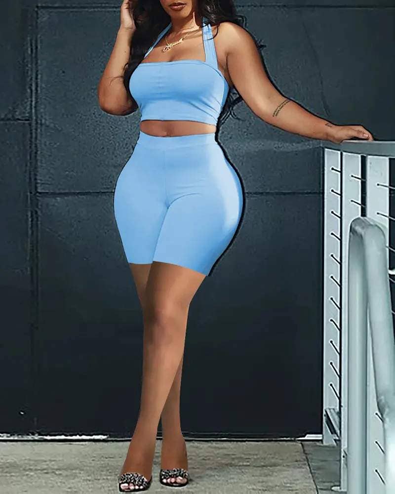 Halter backless crop top high waist shorts set