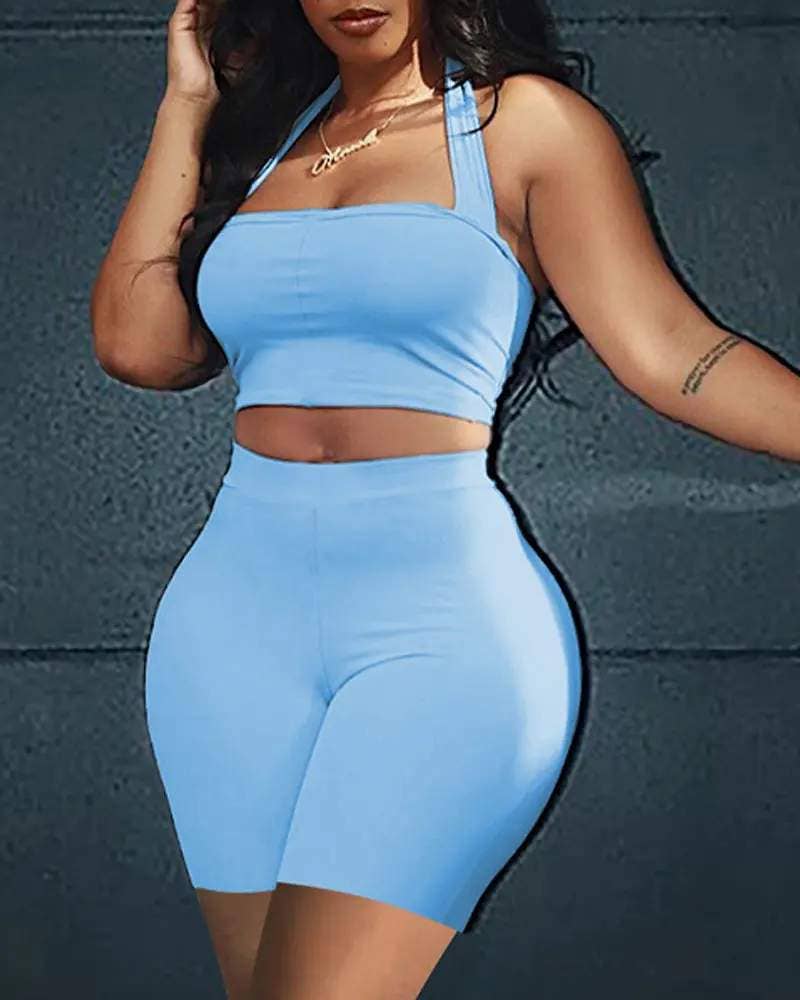 Halter backless crop top high waist shorts set