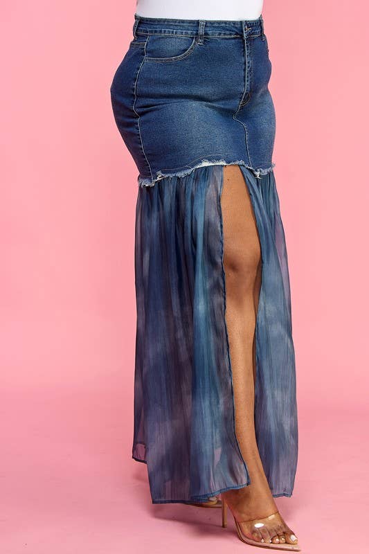 Plus Front Slit Mesh Pleated Patchwork Maxi Denim Skirt