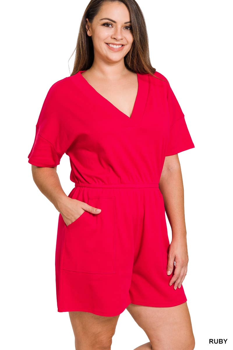 ..._ SI-22085 Plus Drop Shoulder V Neck Romper With Pockets