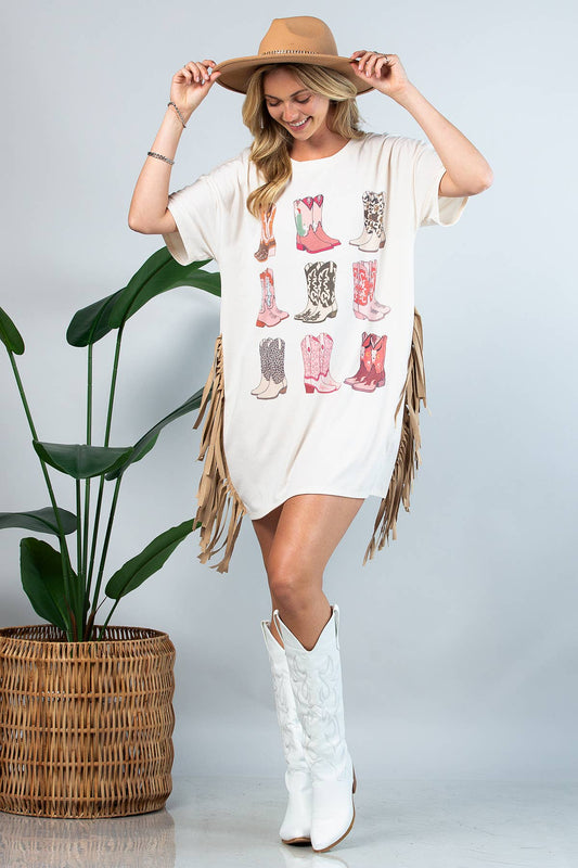 D1593-Western Boots Print Fringed  Loose T Shirt Dress