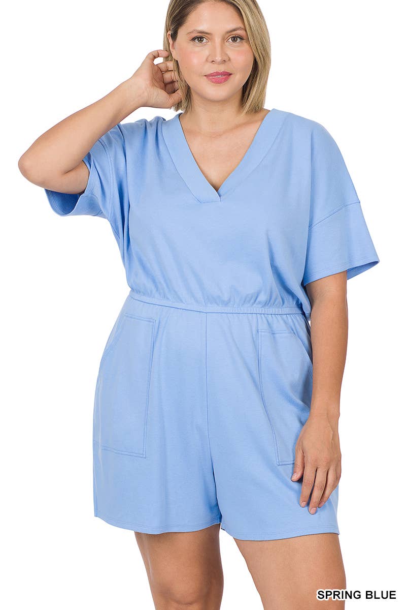 ..._ SI-22085 Plus Drop Shoulder V Neck Romper With Pockets