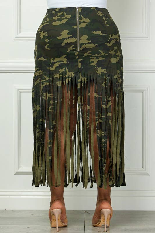 Plus Camo Fringe Hem Midi Skirt