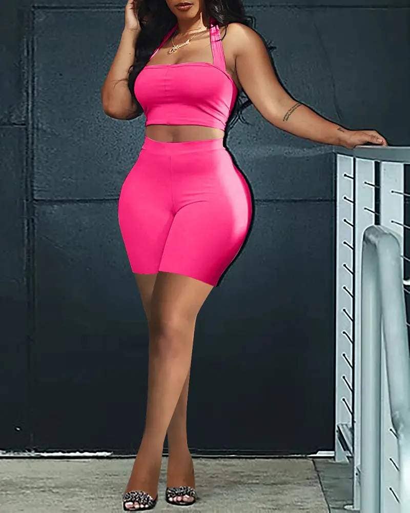 Halter backless crop top high waist shorts set
