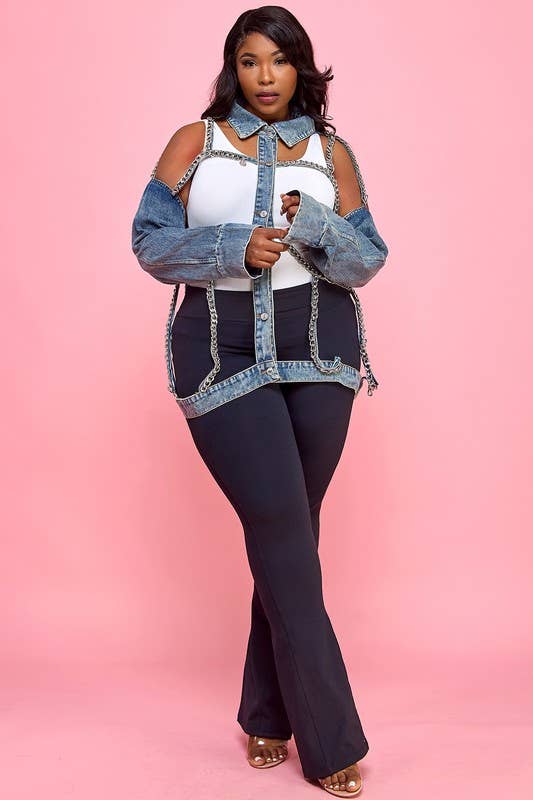 Plus Collared Denim Chain Jacket