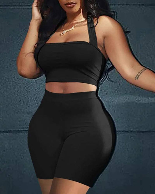 Halter backless crop top high waist shorts set