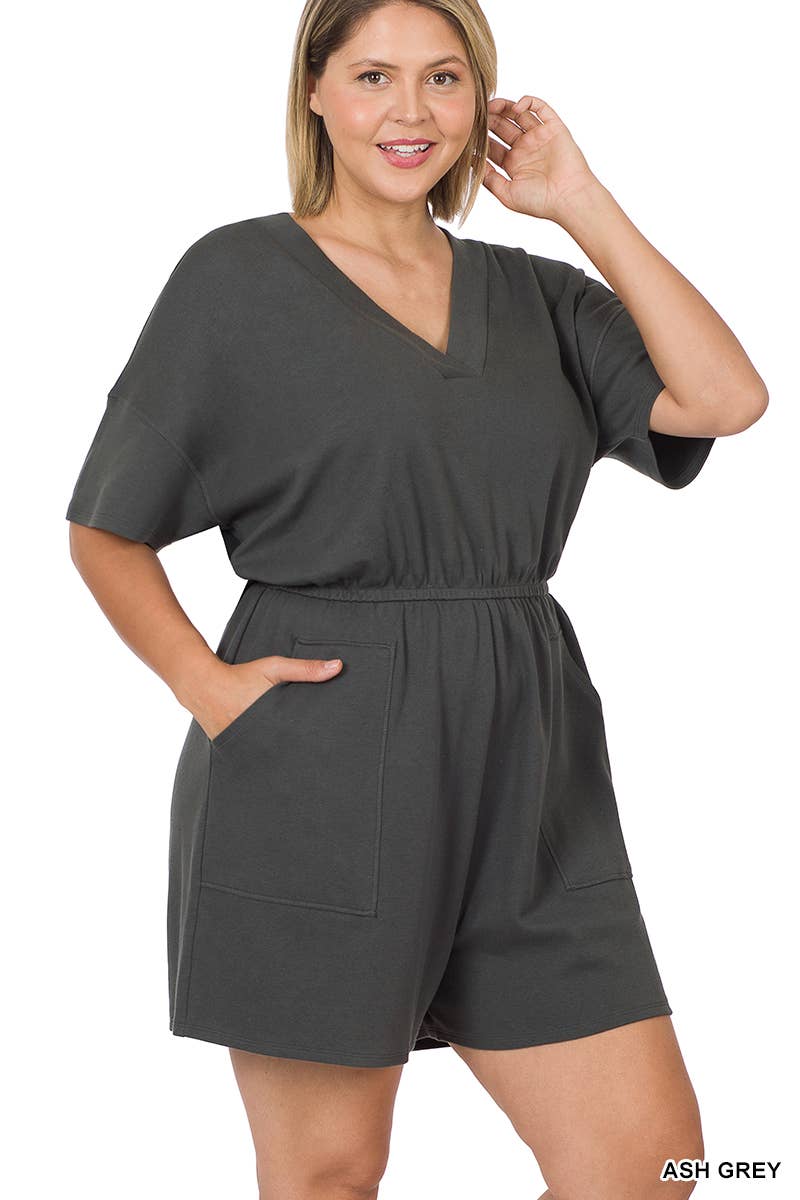 ..._ SI-22085 Plus Drop Shoulder V Neck Romper With Pockets