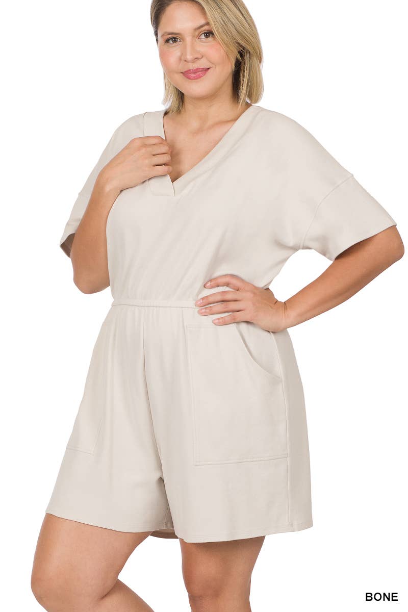 ..._ SI-22085 Plus Drop Shoulder V Neck Romper With Pockets