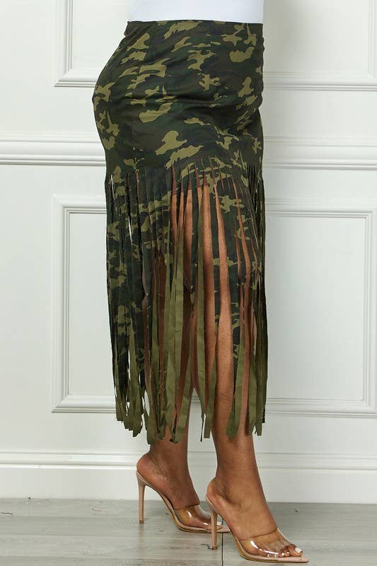 Plus Camo Fringe Hem Midi Skirt