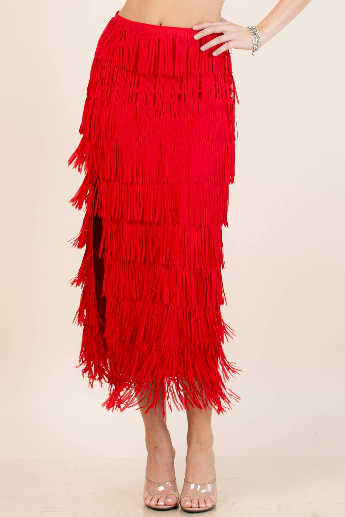 81125-Fringe Skirt-Western Fringed Piñata Midi Skirt