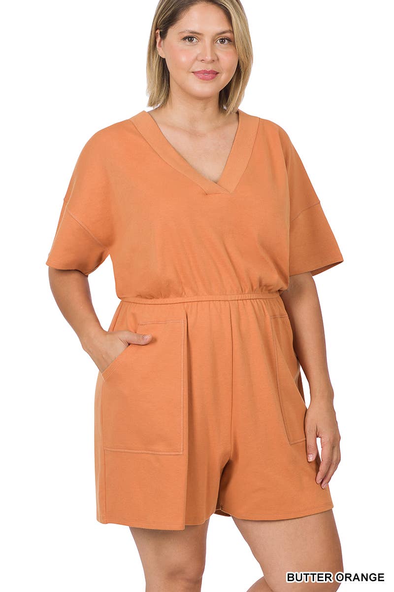..._ SI-22085 Plus Drop Shoulder V Neck Romper With Pockets