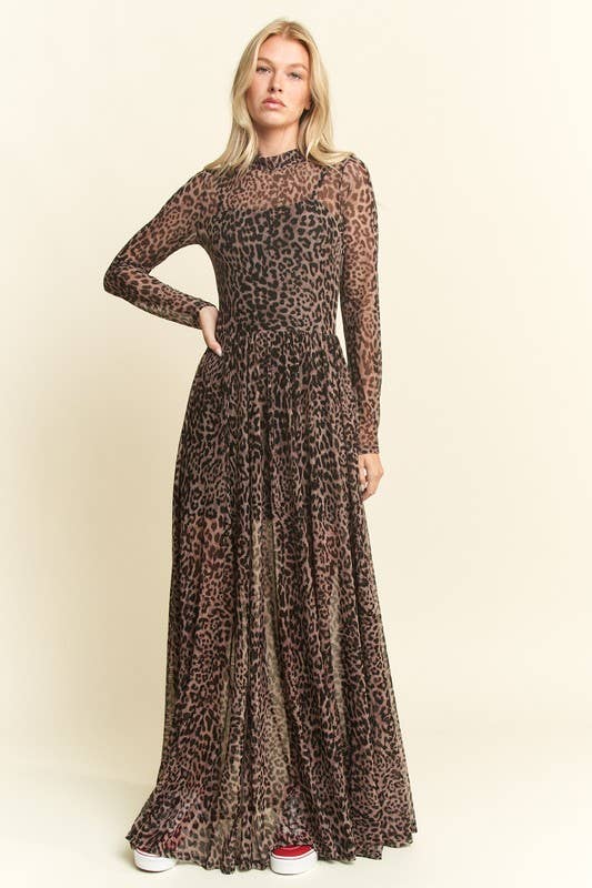 LONG SLEEVE MOCK NECK ANIMAL PRINT MESH MAXI DRESS KRD4340-4