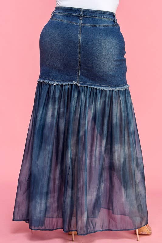 Plus Front Slit Mesh Pleated Patchwork Maxi Denim Skirt
