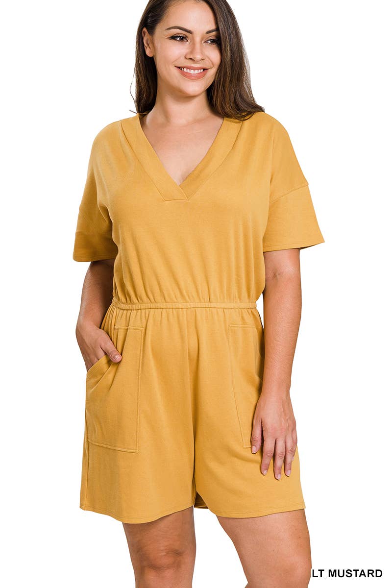 ,, SI-22085 Plus Drop Shoulder V Neck Romper With Pockets