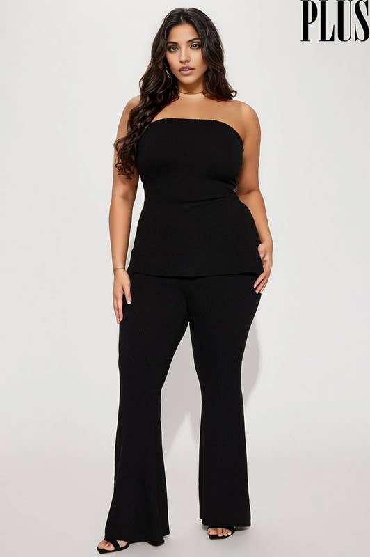 Rib Knit Tube Top and Flare Pants Set