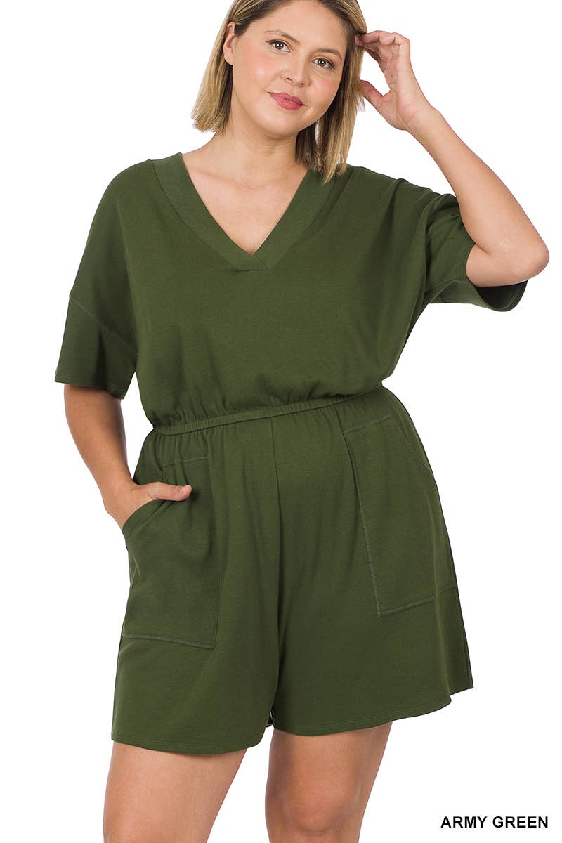 ..._ SI-22085 Plus Drop Shoulder V Neck Romper With Pockets