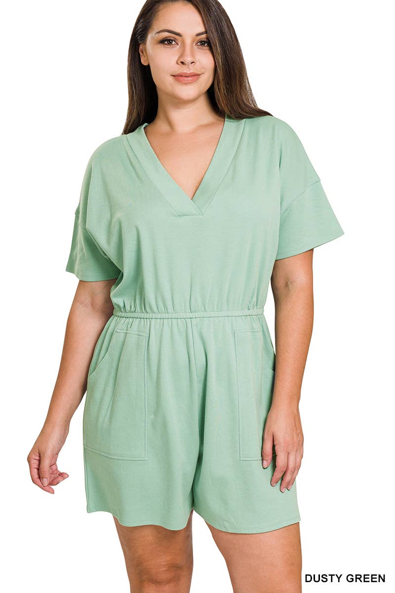 ..._ SI-22085 Plus Drop Shoulder V Neck Romper With Pockets