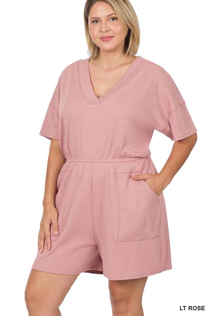 ..._ SI-22085 Plus Drop Shoulder V Neck Romper With Pockets