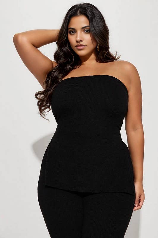 Rib Knit Tube Top and Flare Pants Set