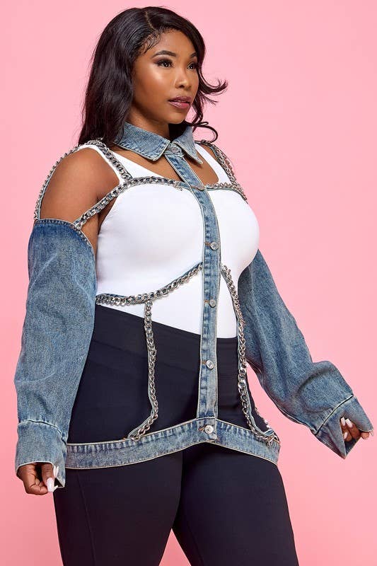 Plus Collared Denim Chain Jacket