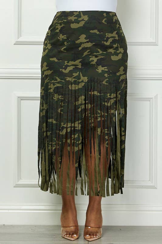 Plus Camo Fringe Hem Midi Skirt