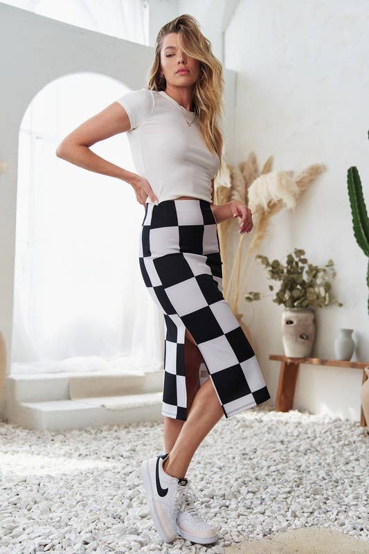 BIG CHECKERED PAST KNIT PENCIL MIDI SKIRT W/ SIDE SLIT