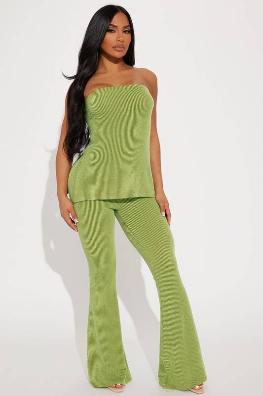 Rib Knit Tube Top and Flare Pants Set