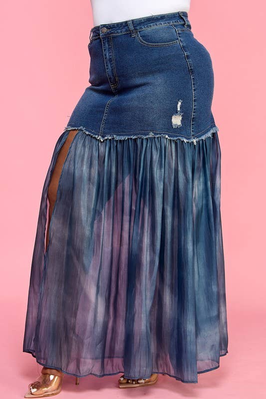 Plus Front Slit Mesh Pleated Patchwork Maxi Denim Skirt