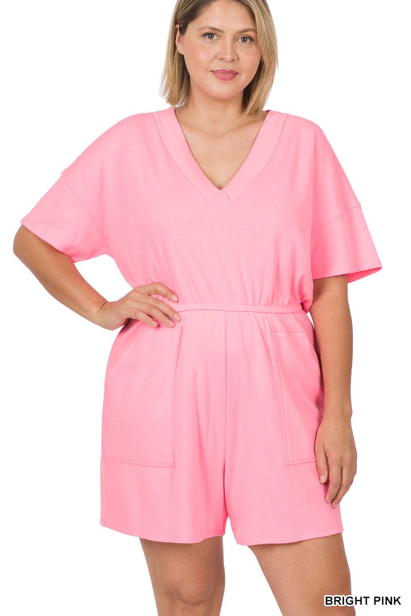..._ SI-22085 Plus Drop Shoulder V Neck Romper With Pockets