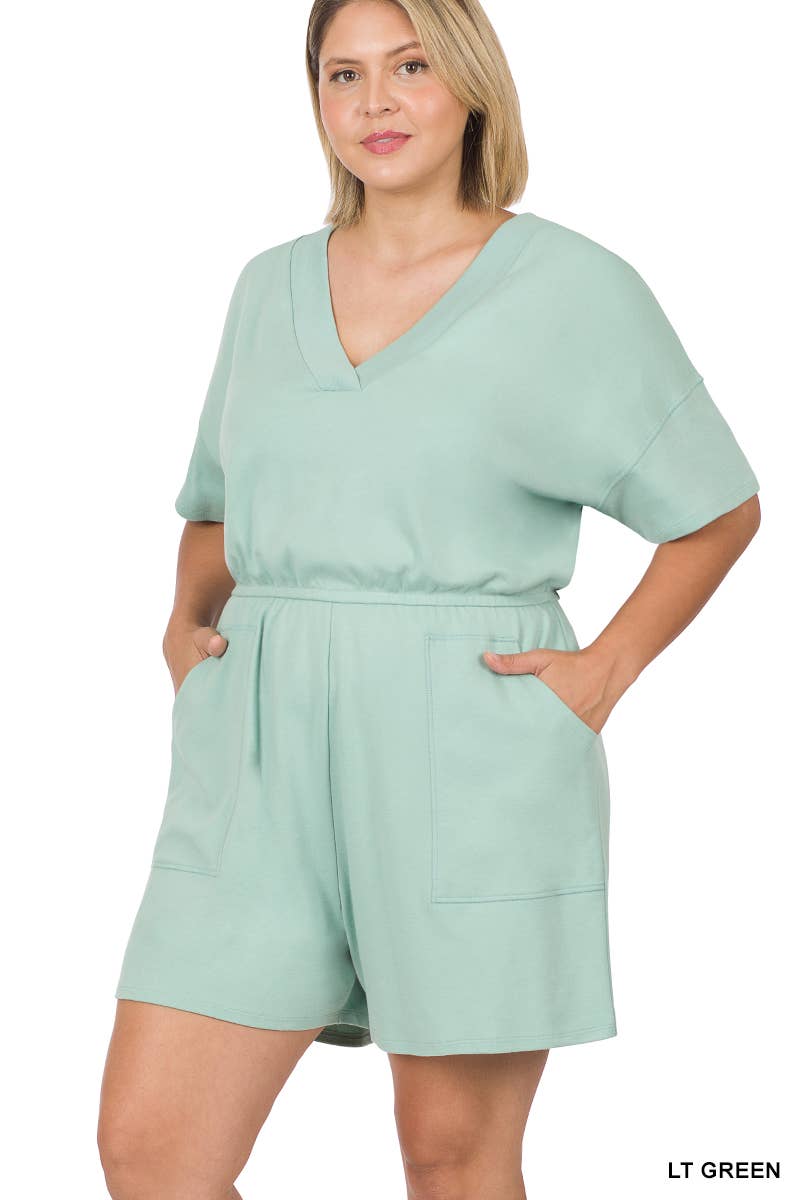 ..._ SI-22085 Plus Drop Shoulder V Neck Romper With Pockets