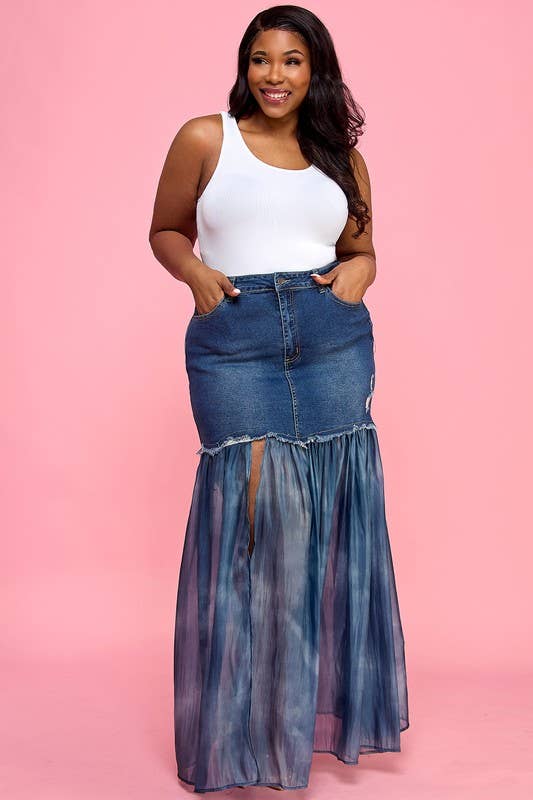 Plus Front Slit Mesh Pleated Patchwork Maxi Denim Skirt