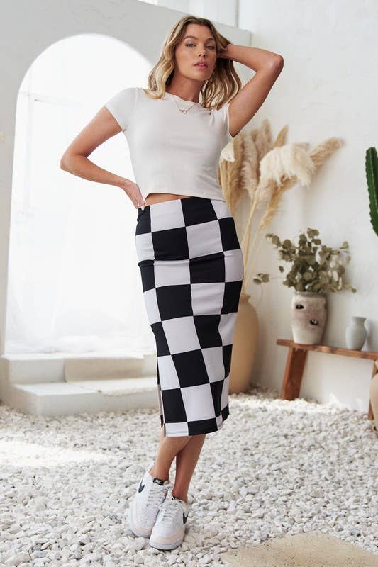 BIG CHECKERED PAST KNIT PENCIL MIDI SKIRT W/ SIDE SLIT