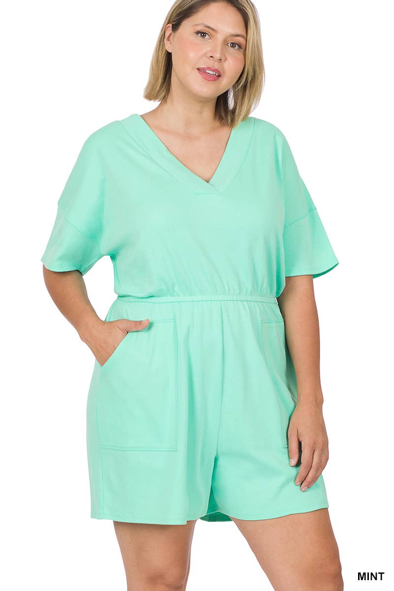 ..._ SI-22085 Plus Drop Shoulder V Neck Romper With Pockets