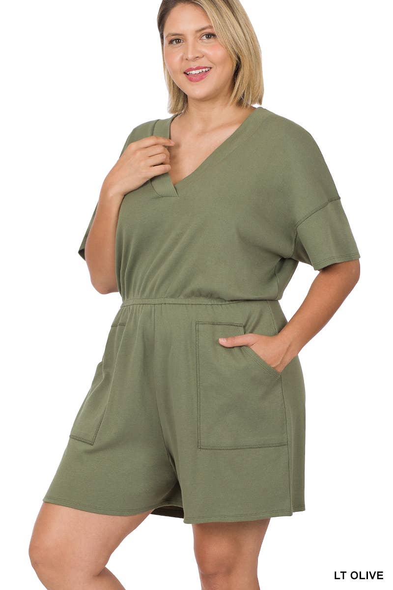 ..._ SI-22085 Plus Drop Shoulder V Neck Romper With Pockets