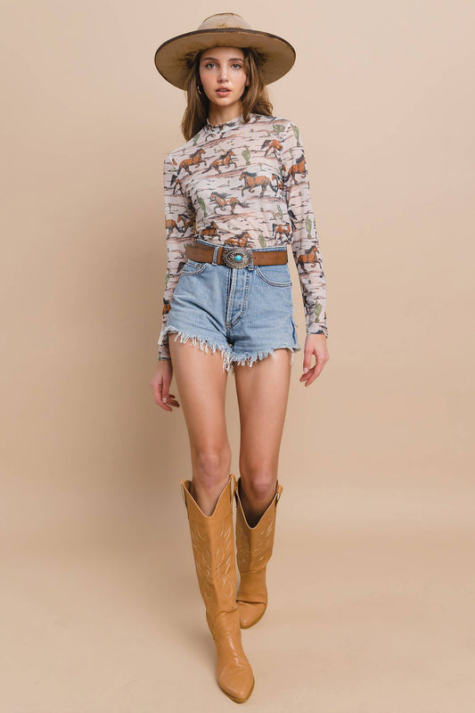 T1502-5223-Western Horse Stables Print Mesh Top