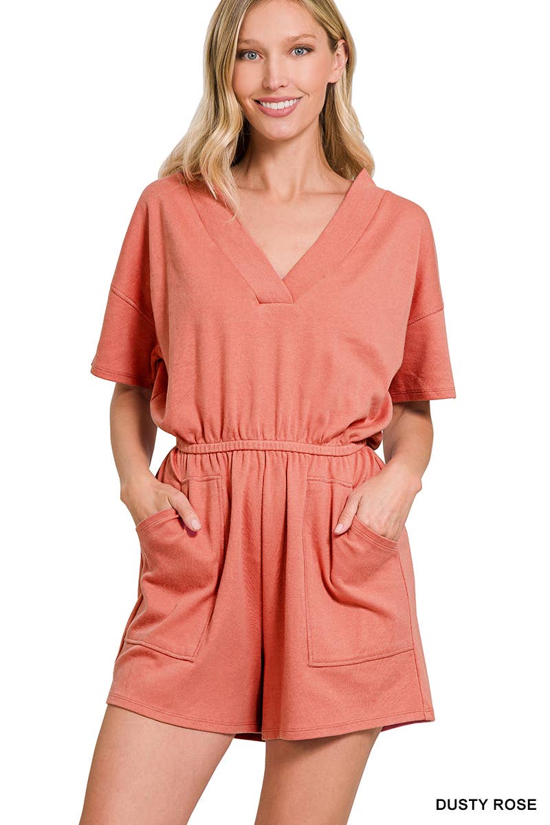 ..._ SI-22085 Plus Drop Shoulder V Neck Romper With Pockets