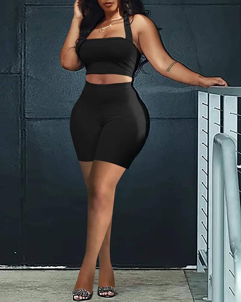 Halter backless crop top high waist shorts set