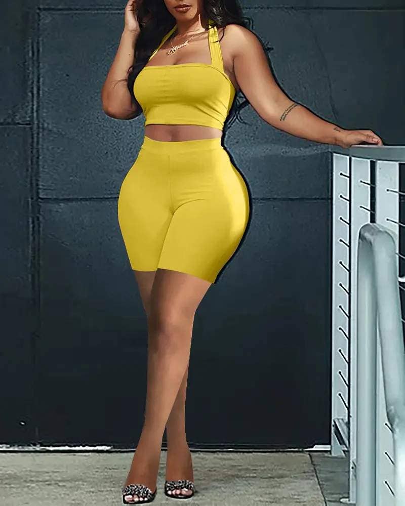 Halter backless crop top high waist shorts set