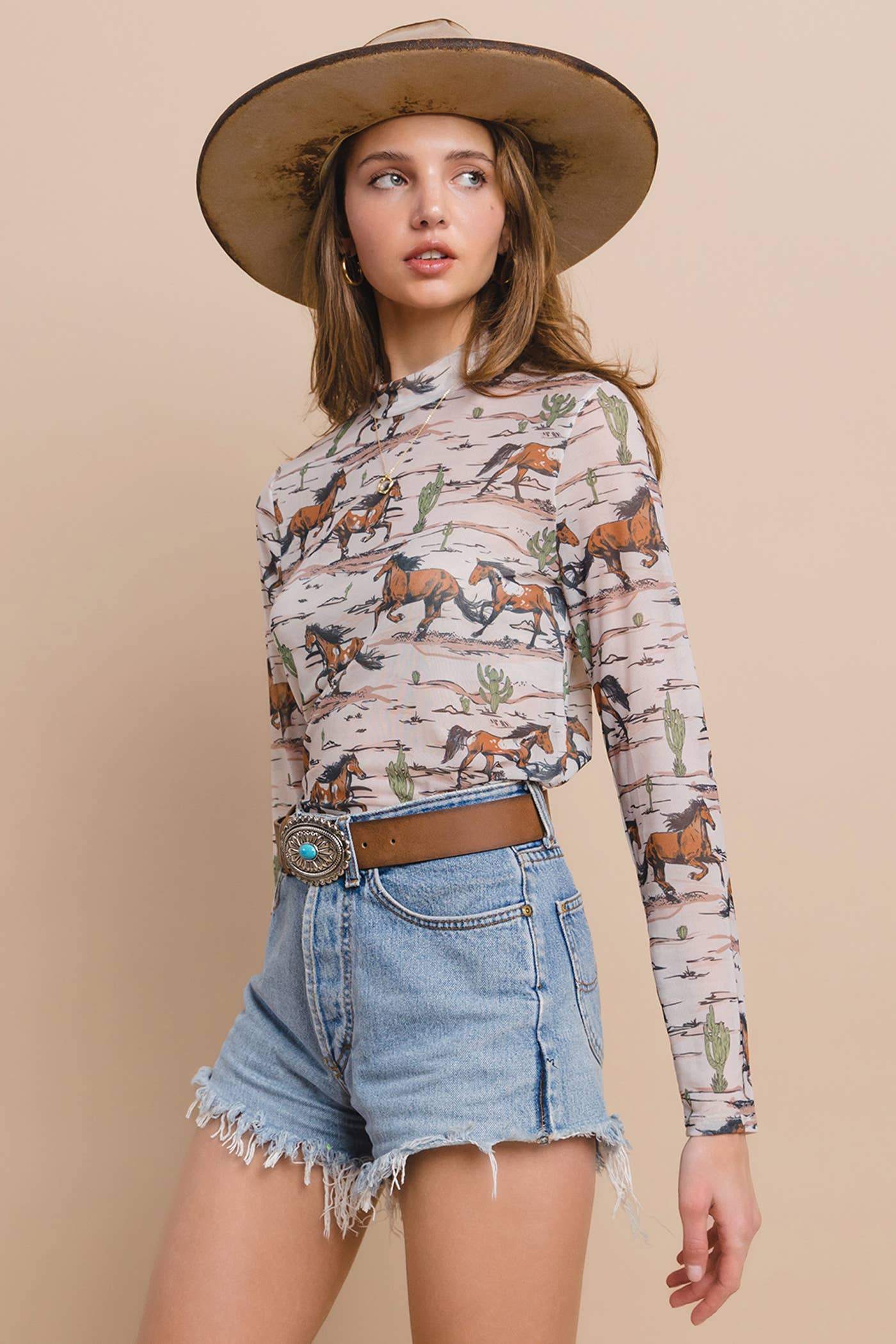T1502-5223-Western Horse Stables Print Mesh Top