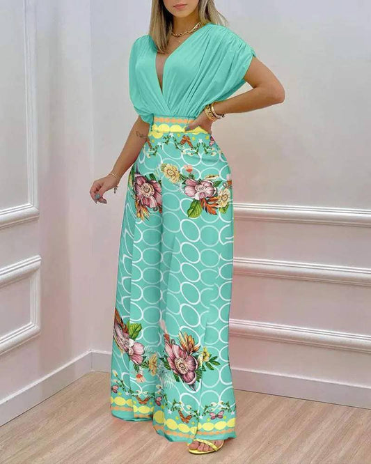 Wrap top floral geo print wide leg pants set