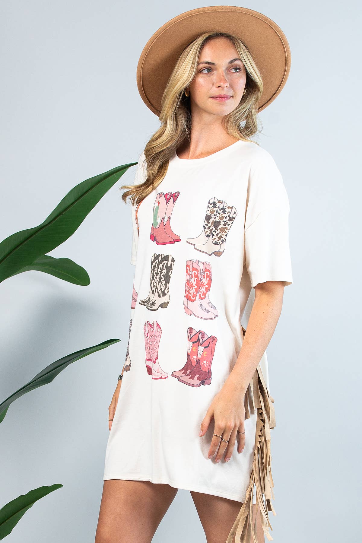 D1593-Western Boots Print Fringed Loose T Shirt Dress