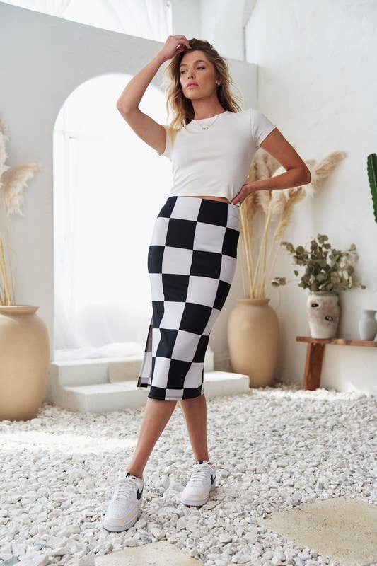 BIG CHECKERED PAST KNIT PENCIL MIDI SKIRT W/ SIDE SLIT