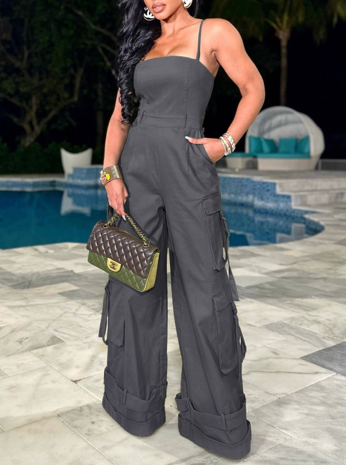 Stylish Bandeau Pocket Patchwork Wide-Leg Jumpsuit