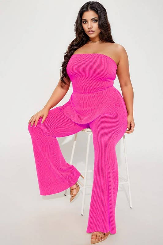 Rib Knit Tube Top and Flare Pants Set