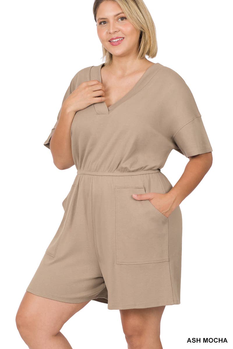 ..._ SI-22085 Plus Drop Shoulder V Neck Romper With Pockets